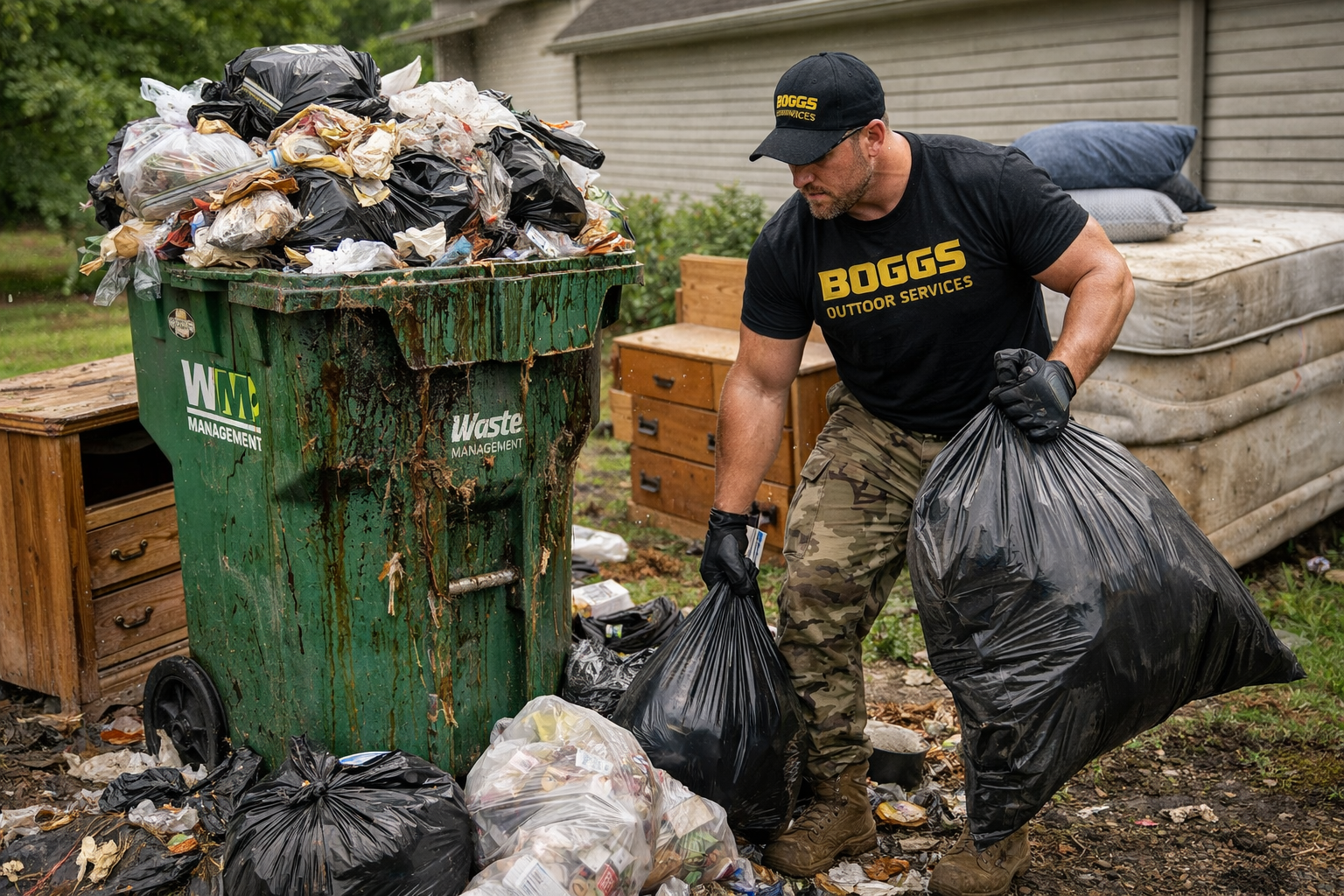 A person in a logo t-shirt and camouflage pants lifts black trash bags next to an overflowing green waste bin and furniture.