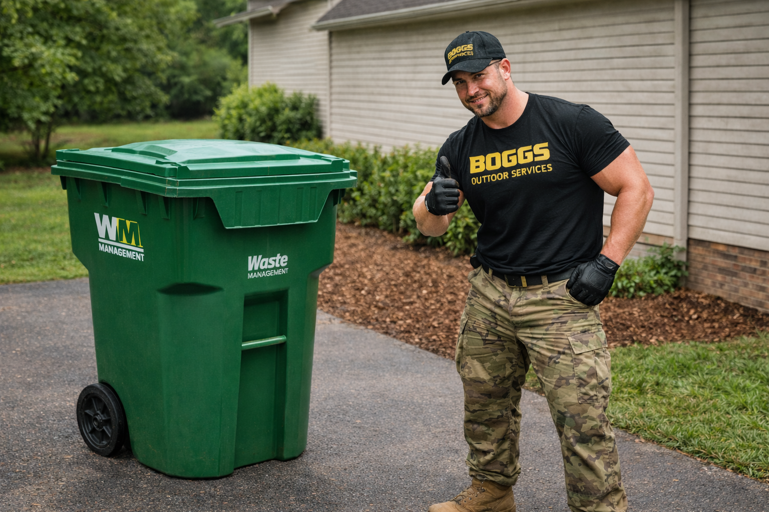 A person wearing a black shirt and camo pants gives a thumbs up next to a large green Waste Management trash bin.