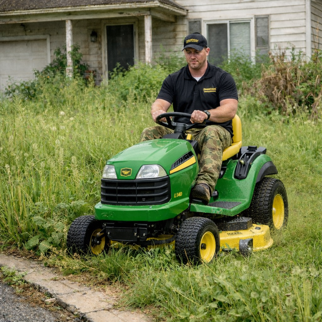 A person wearing a cap and black polo shirt rides a green and yellow John Deere lawn tractor through tall weeds.