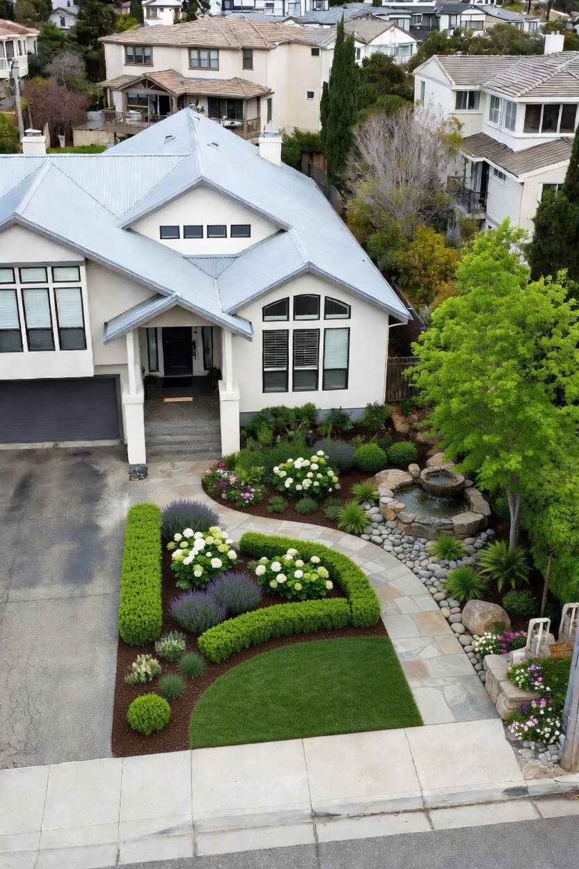 A high-angle view of a house front yard with neatly trimmed hedges, hydrangea bushes, a small stone fountain, and a path.