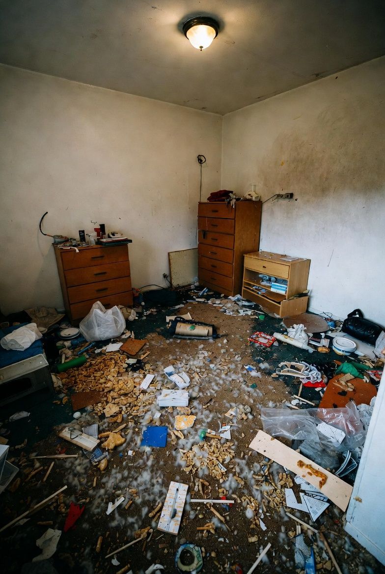 A cluttered, dilapidated room with wooden dressers, debris scattered across the floor, and a single ceiling light.