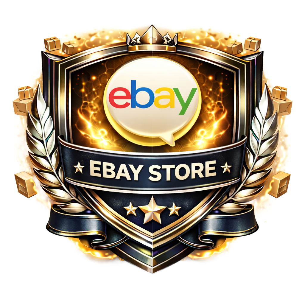 A golden, shield-shaped emblem featuring the eBay logo and the text 