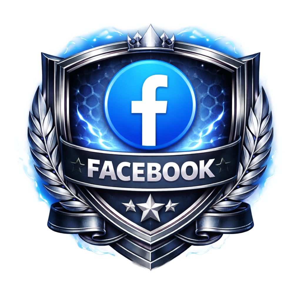 A blue Facebook logo centered within a metallic silver shield emblem, surrounded by glowing blue lightning and laurel leaves.