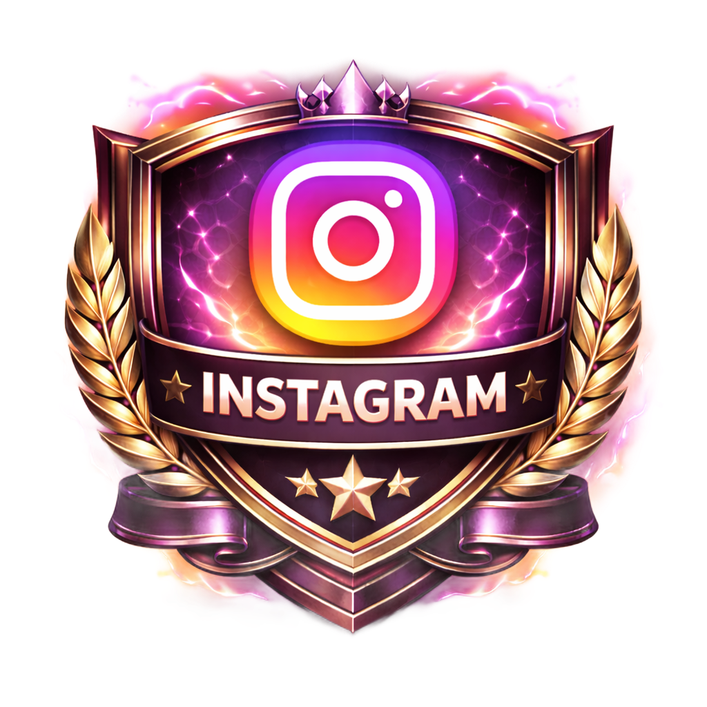 An Instagram logo centered on a royal, purple-toned shield emblem with gold laurel branches and stars.