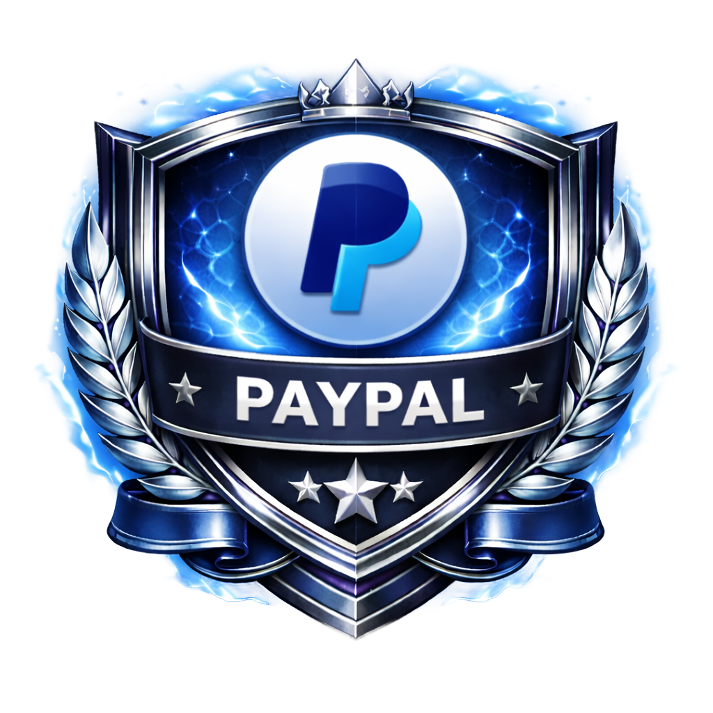 The PayPal logo centered on a blue and silver metallic shield emblem with laurel wreaths and stars.