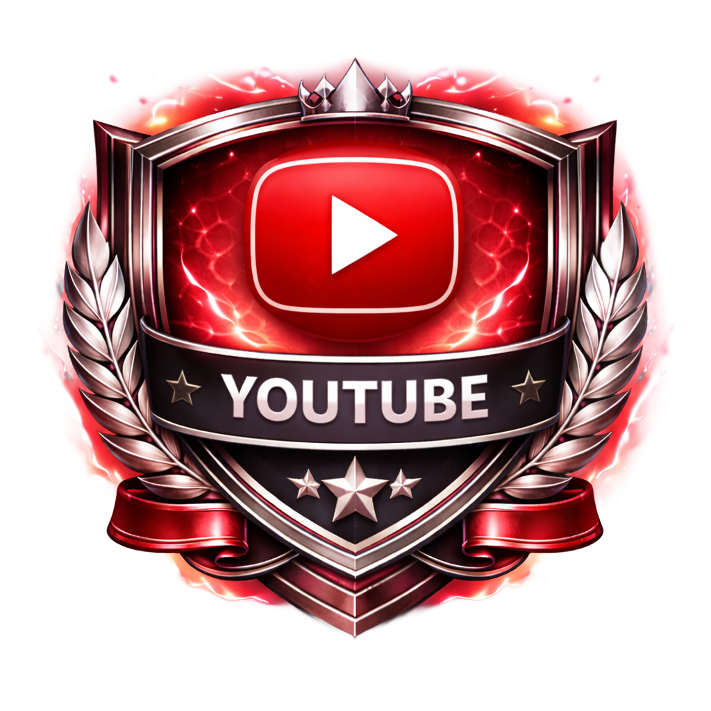 A red and metallic silver YouTube shield logo featuring the play button icon, surrounded by laurel wreaths and stars.