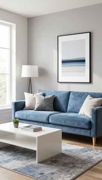 Moderne stue med blå sofa, hvitt sofabord, gulvlampe og innrammet veggkunst