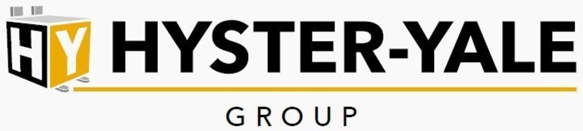 Logo for Hyster-Yale Group, featuring a cube with "HY" inside and the company name. Gold and black colors.