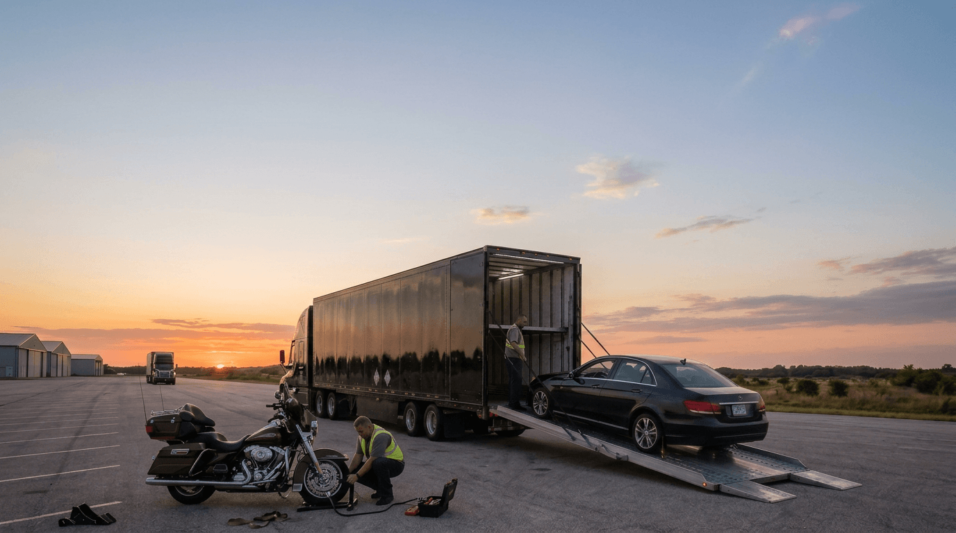 Motorcycle transport loading into enclosed semi truck