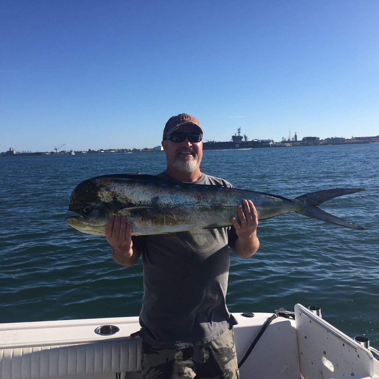 A person on a boat holds a large, silver-and-gold mahi-mahi fish against a backdrop of the ocean and a distant warship.