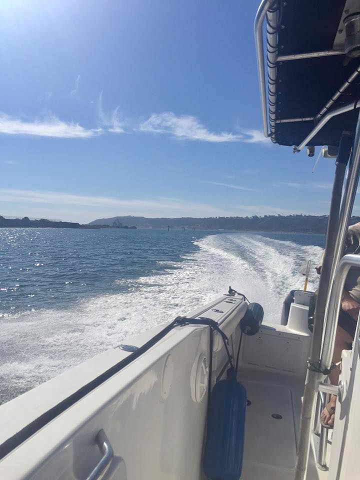 Boat on a blue ocean leaving a white wake, under a sunny sky with light clouds.