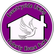 Countryside Living Elderly Home Care logo with a white dove over a house on a purple background
