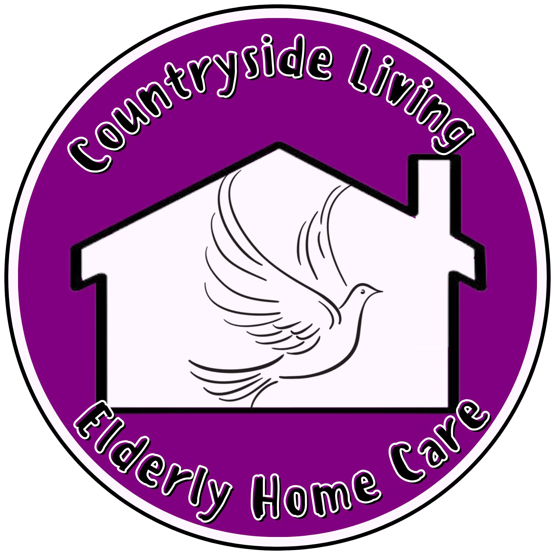 Countryside Living Elderly Home Care logo with a white dove over a house on a purple background