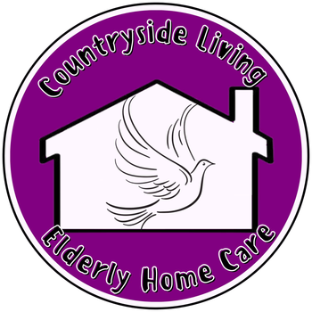 Logo for Countryside Living Elderly Home Care with a white house, dove, and purple circular border