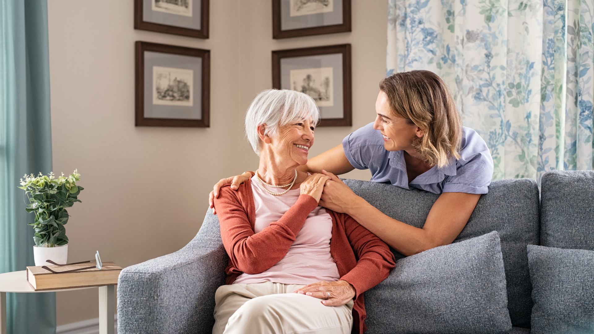 Adult daughter discussing elderly home care with her mother in Beavercreek OH