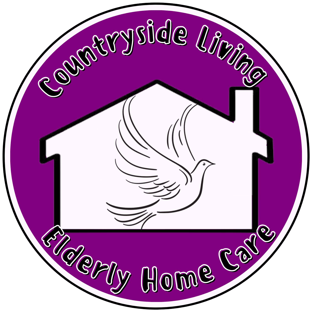 Purple circular logo for Countryside Living Elderly Home Care with a white house and dove icon