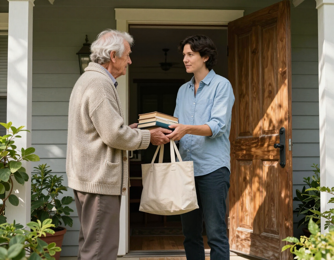 Library staff delivering books to a resident's home