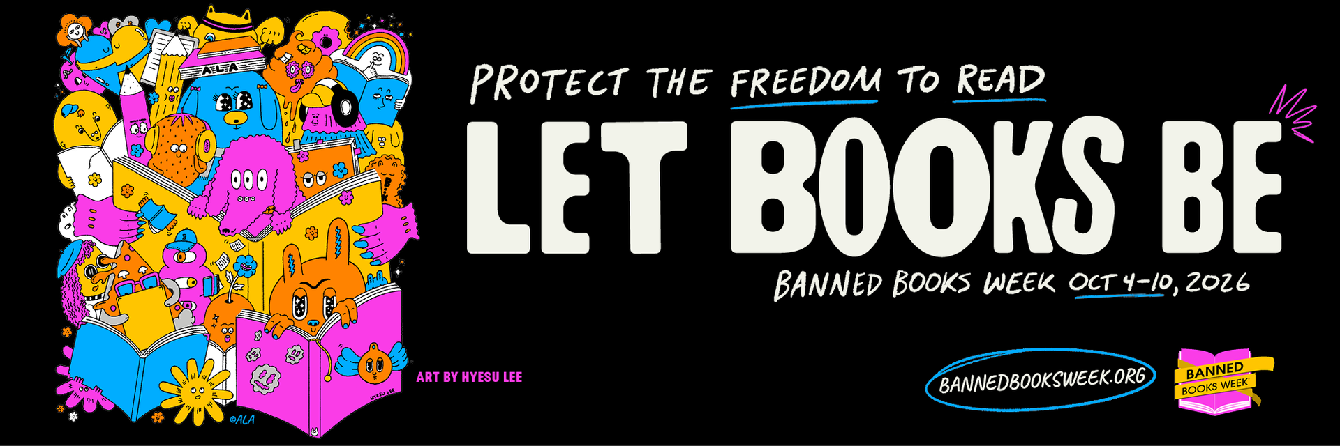 Banned Books Week Logo from the ALA on a black background with white lettering featuring an image of several animals and cartoonish characters reading.