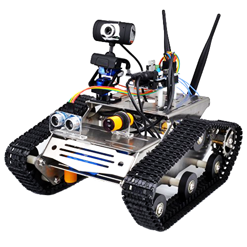 Tank-like robot with tracks, a camera, sensors, and antennae on a metal frame.