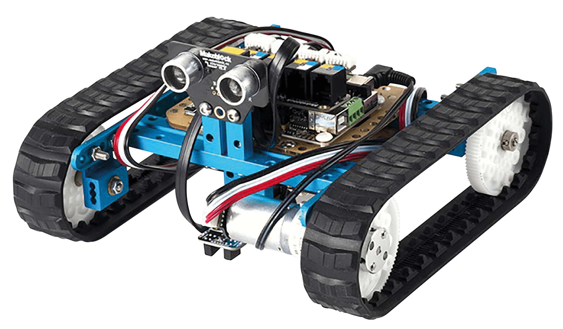 Blue and black caterpillar-tracked robot with sensors and circuit board.