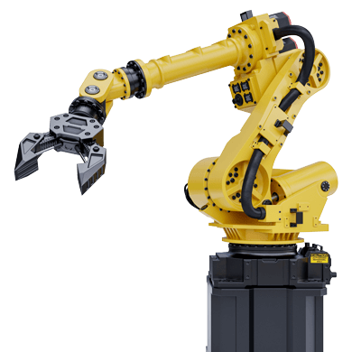 Yellow industrial robot arm with gripper, isolated on white background.