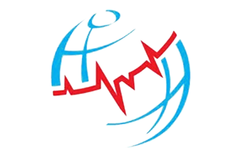 Blue globe with red heartbeat line and stylized cyan arcs, resembling a health or medical logo