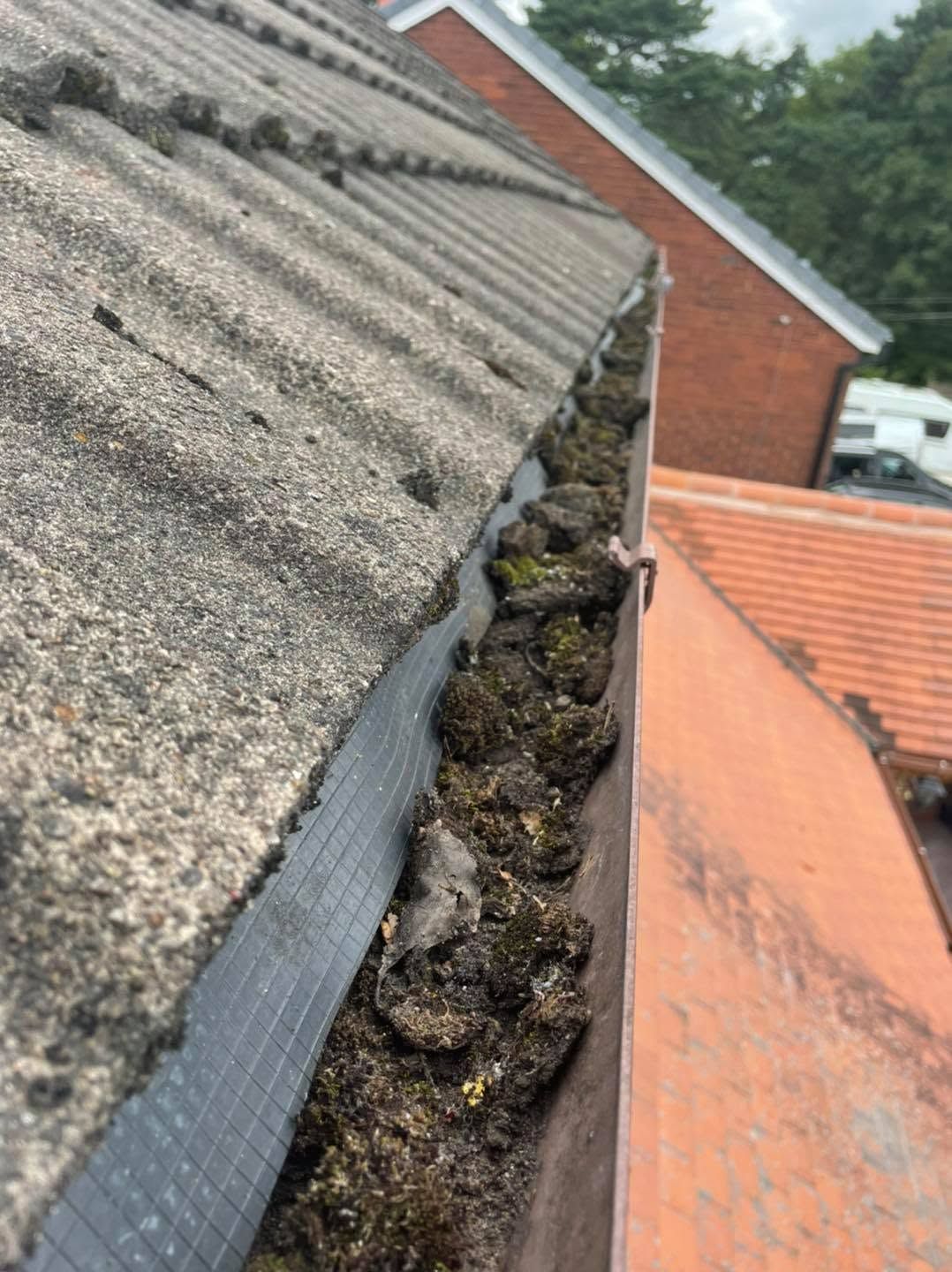 Moss, leaves and debris in a brown gutter in Penn before clearance