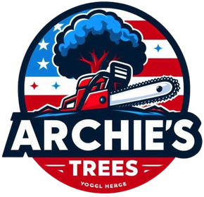 Archie&rsquo;s Trees logo with red chainsaw, tree, and stars in red, white, and blue