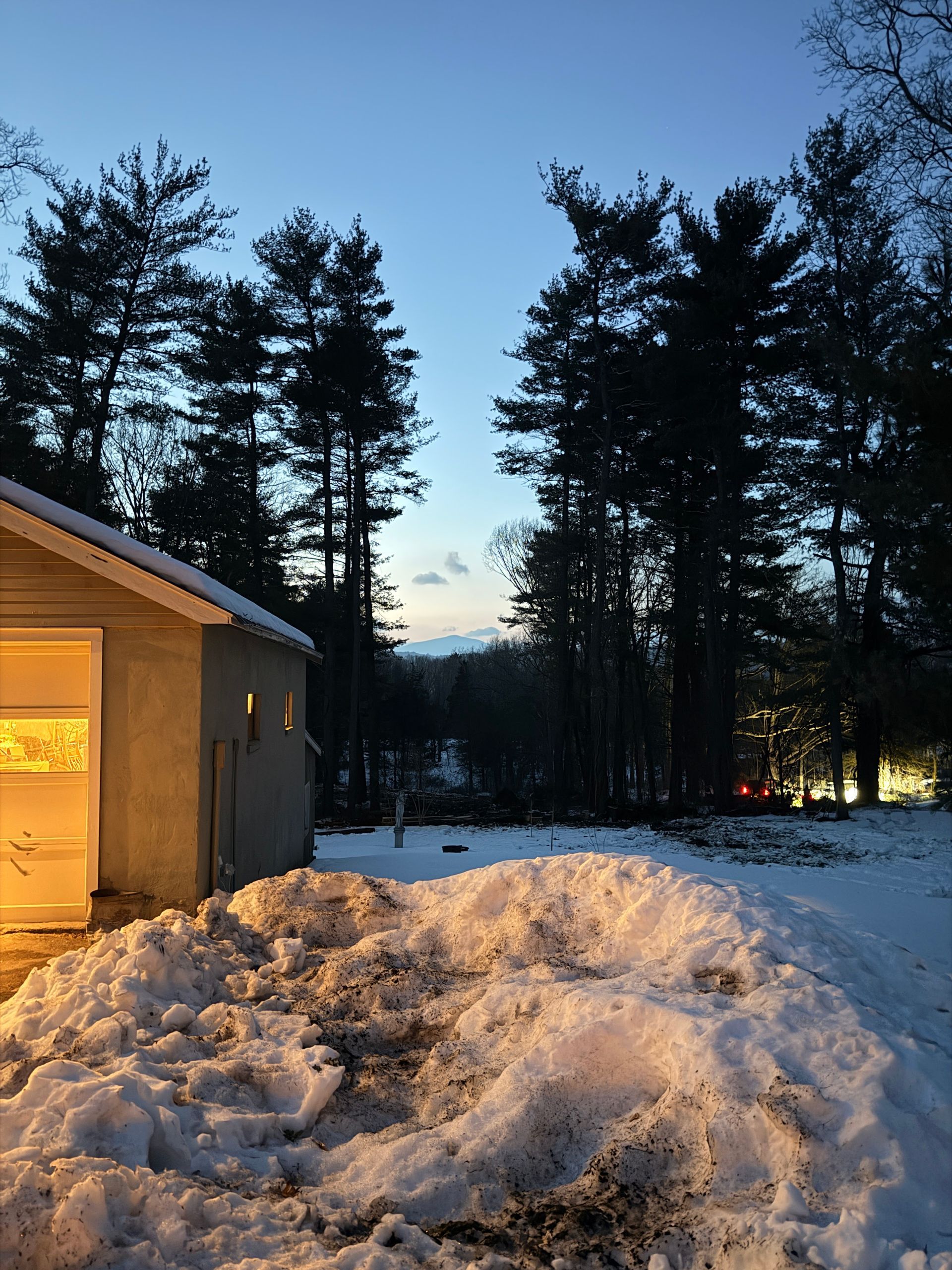 Snowy yard beside a lit cabin at dusk, with tall dark pine trees and a blue evening sky.