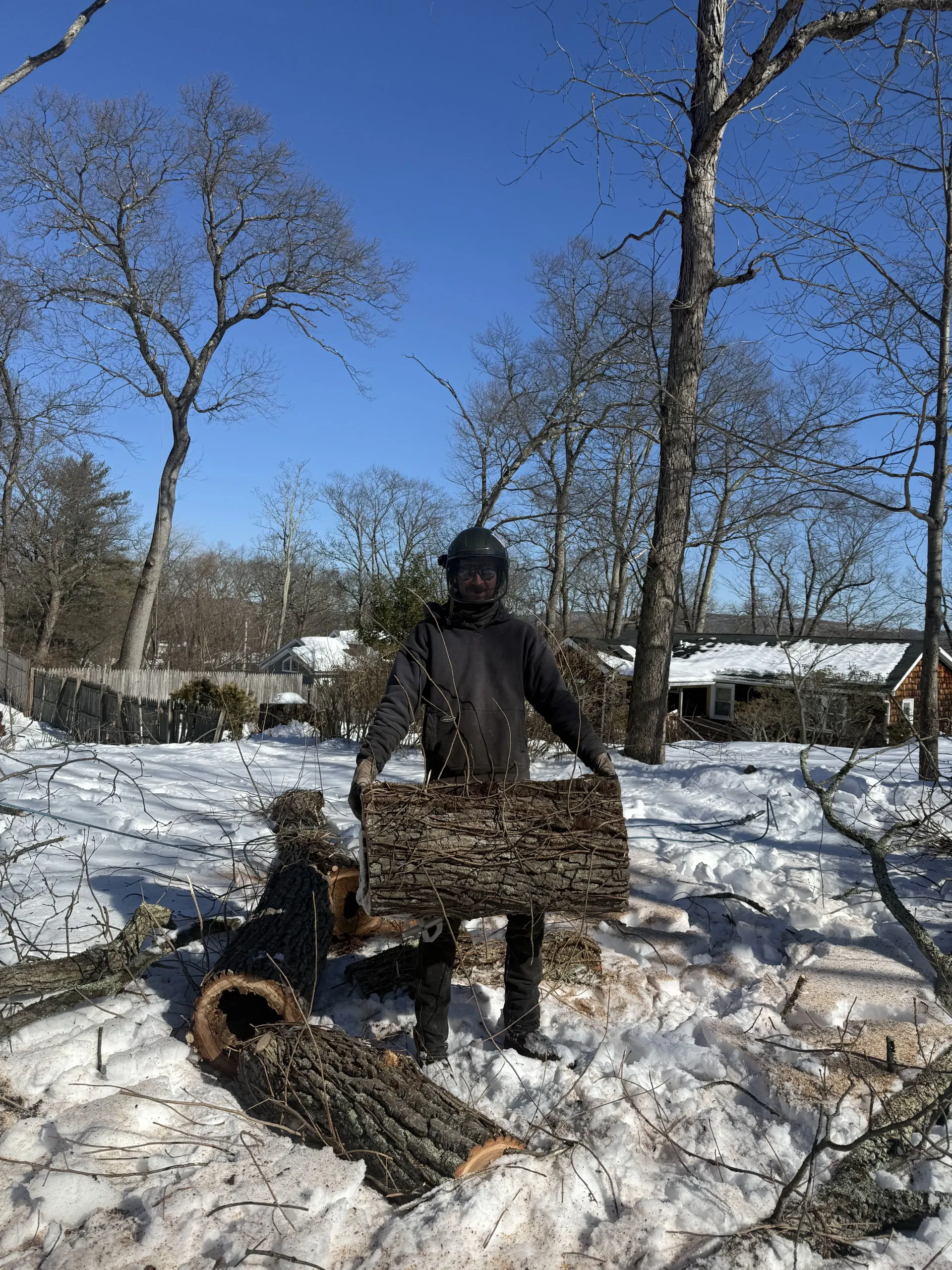 Person in winter gear carrying firewood in a snowy wooded yard near a house.