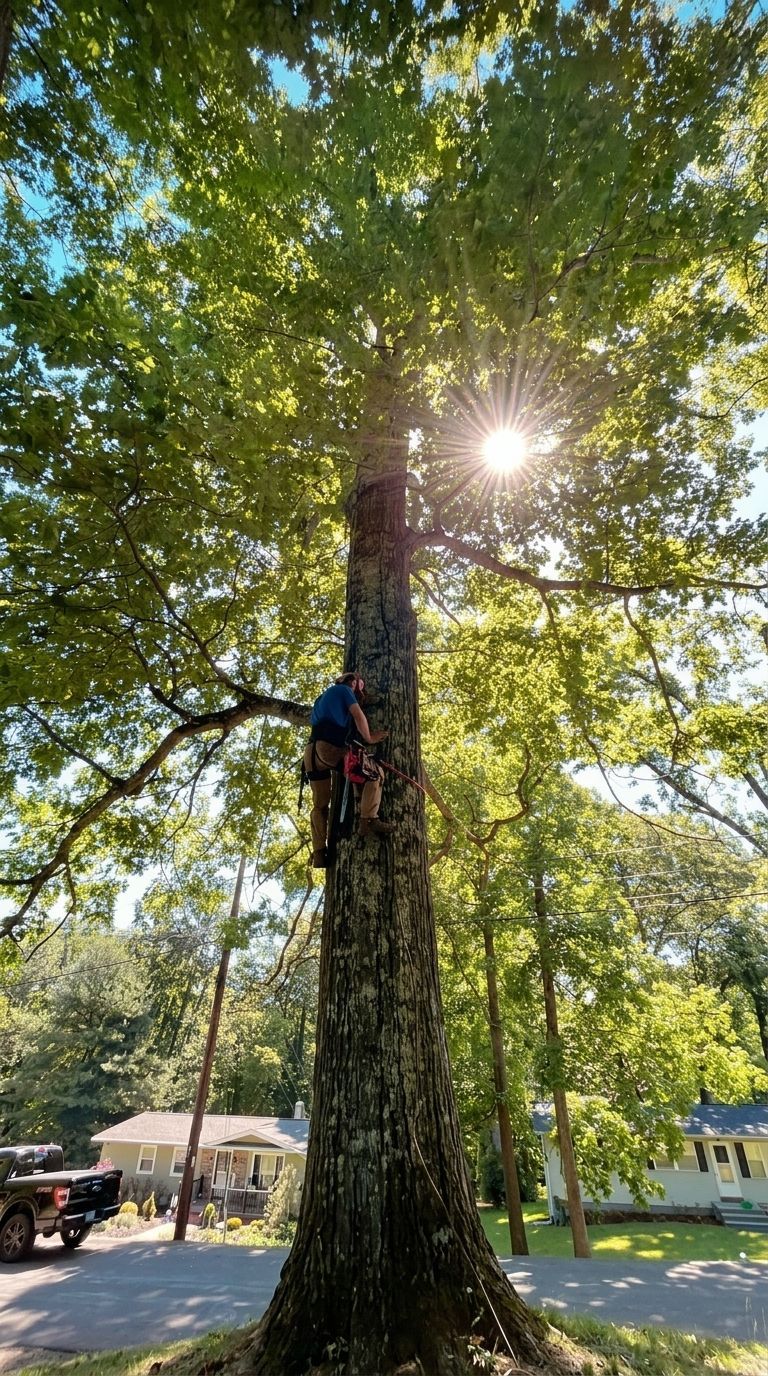 Person climbing a tall tree in a sunny park, with sunlight filtering through the leaves.
