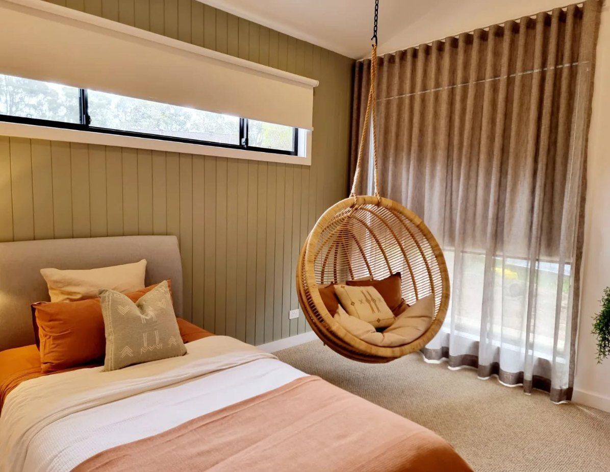 Bedroom With a Bed, Hanging Wicker Chair — Glenn Koek - Shutters - Curtains - Blinds in Sutherland Shire, NSW