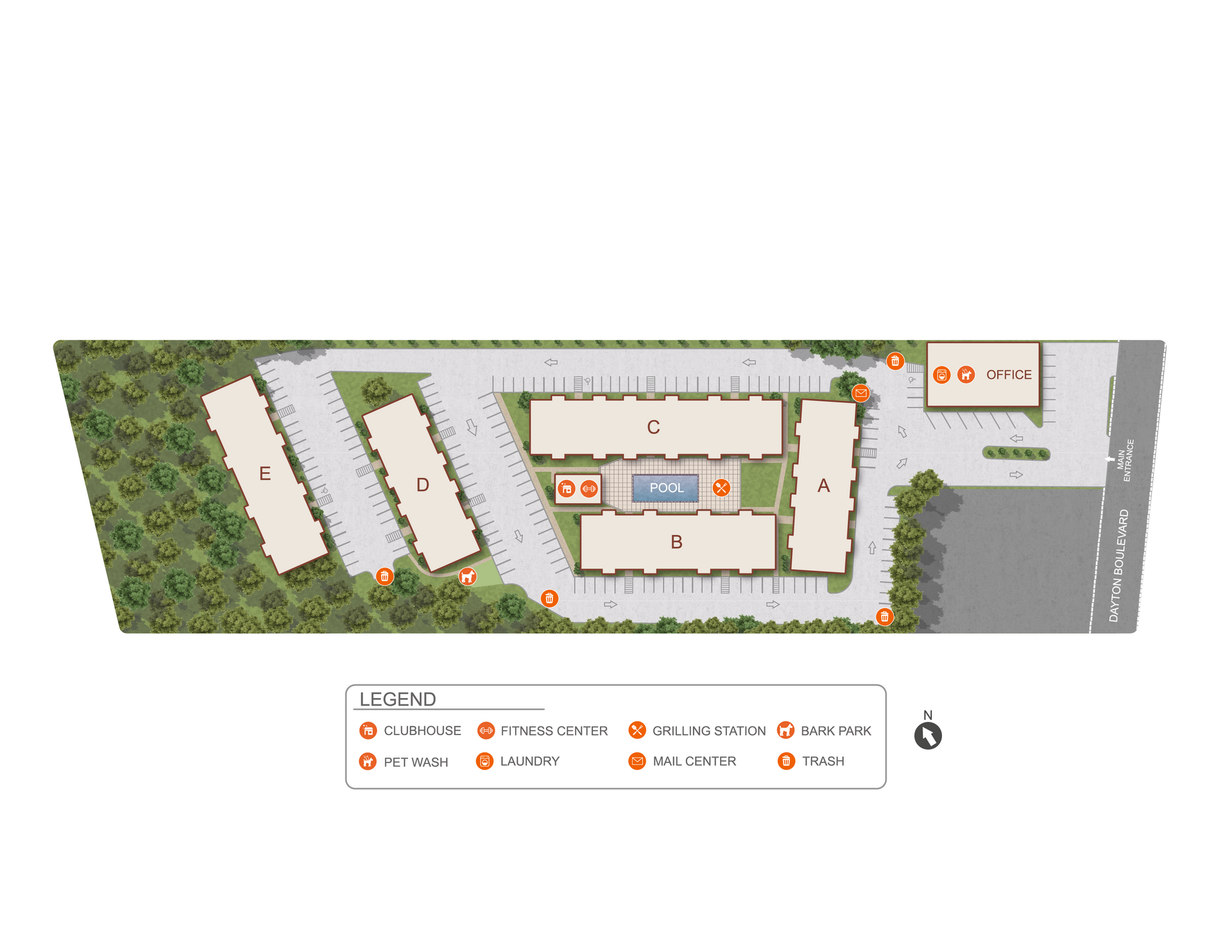 Site plan of an apartment complex with multiple buildings, parking areas, a pool, and amenities marked with a legend.
