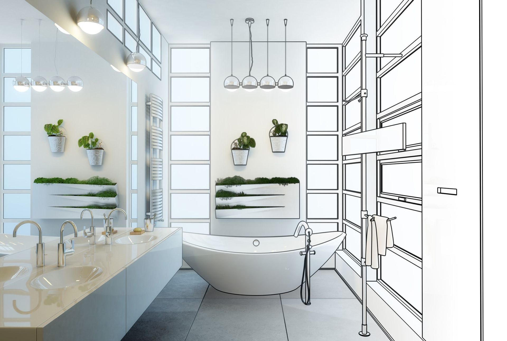 Bathroom with plants half drawing - Mendon, MA | American Bath Works Bathroom with plants half drawing - Mendon, MA | American Bath Works