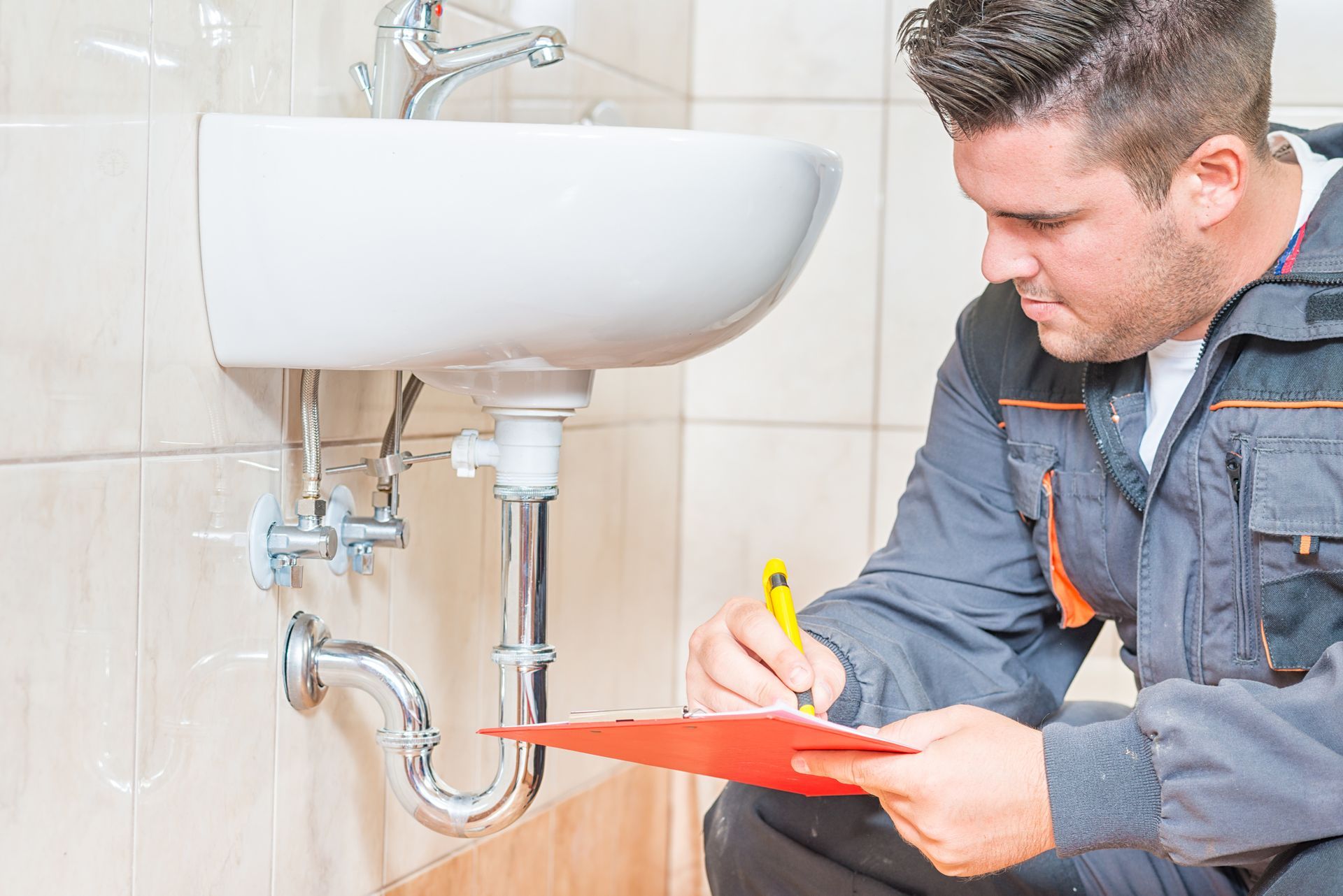 Man inspecting sink - Mendon, MA | American Bath Works Man inspecting sink - Mendon, MA | American Bath Works