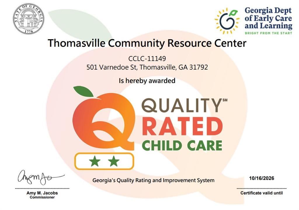 Certificate for Thomasville Community Resource Center, awarded Quality Rated Child Care, with two stars.