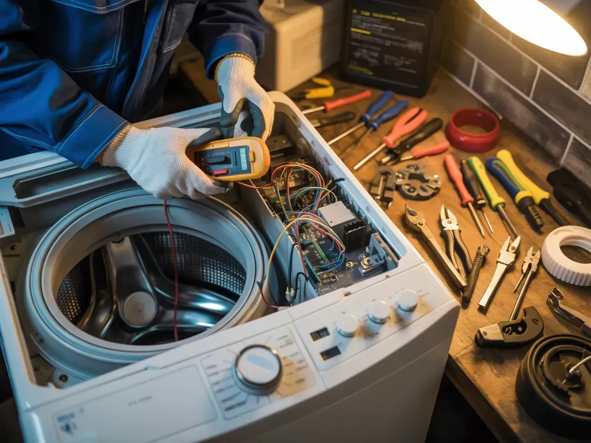 Technician repairing a washing machine with tools and exposed wiring on a workbench