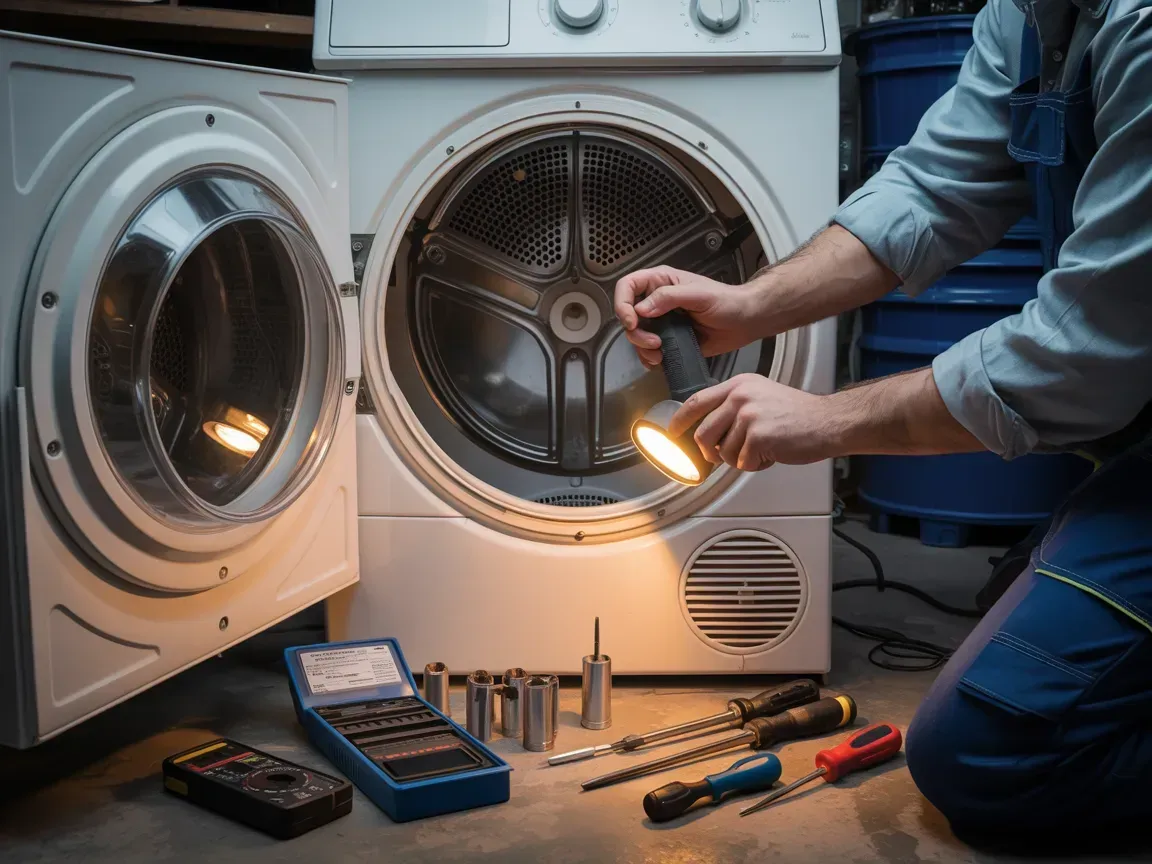 Person repairing a washing machine with tools on the floor in a laundry room
