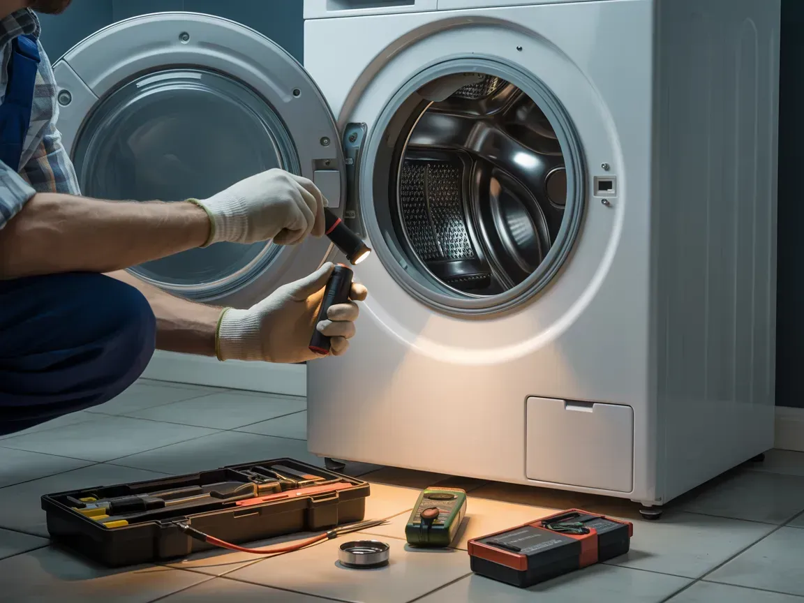 Person repairing a front-load washing machine with tools spread on the floor