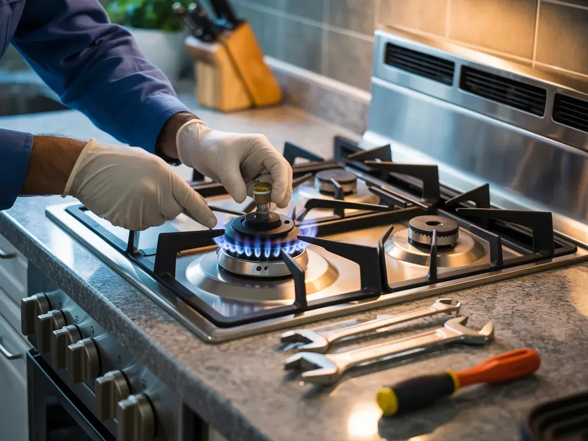Gloved hands light a gas stove burner in a stainless steel kitchen.
