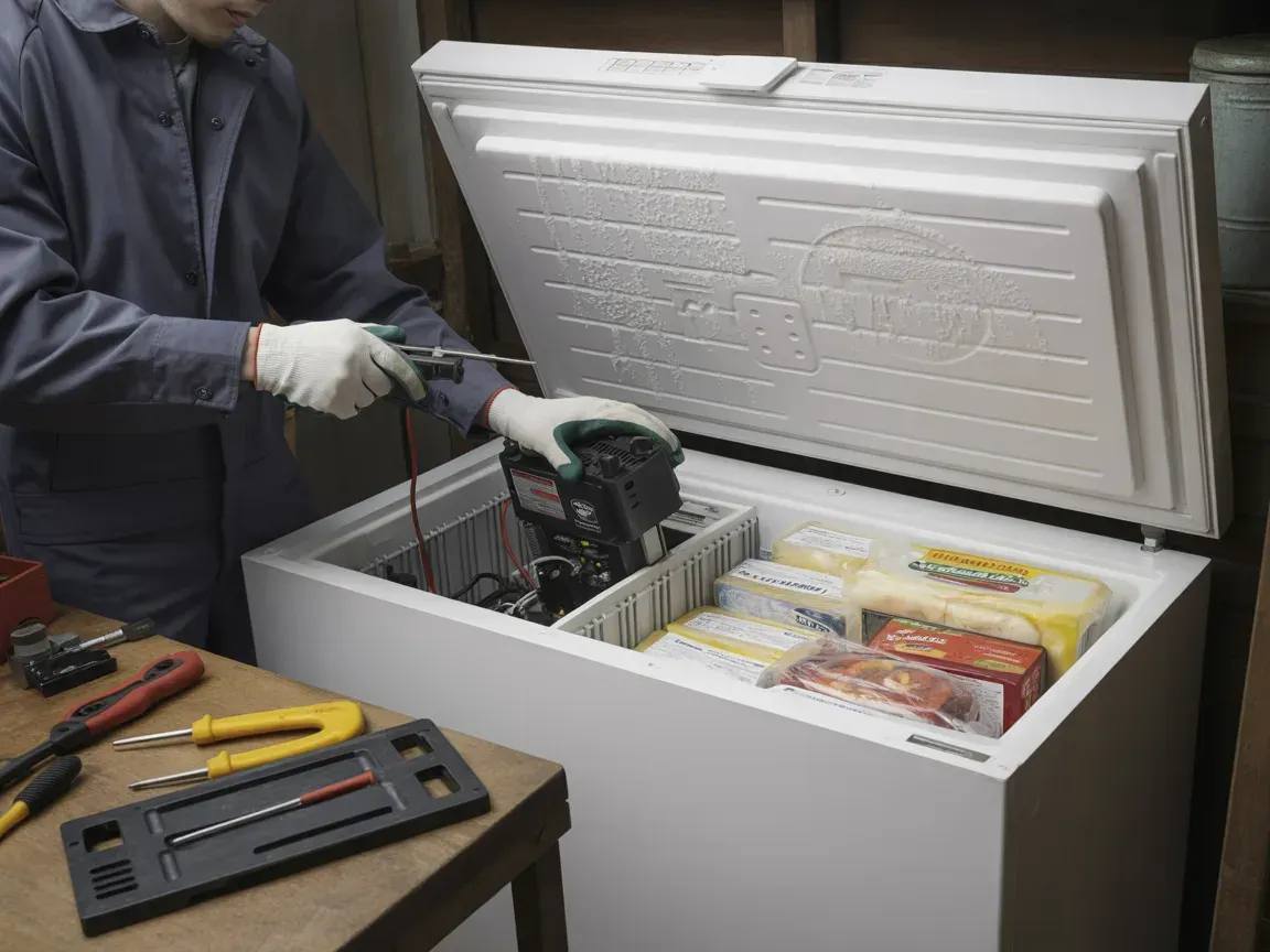 Person loading a metal container into a white chest freezer beside tools and packaged items