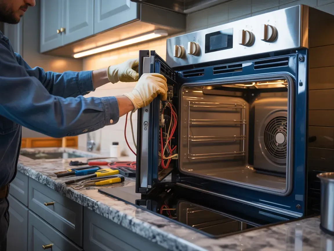 Technician repairing a stainless steel oven with exposed wiring in a blue kitchen