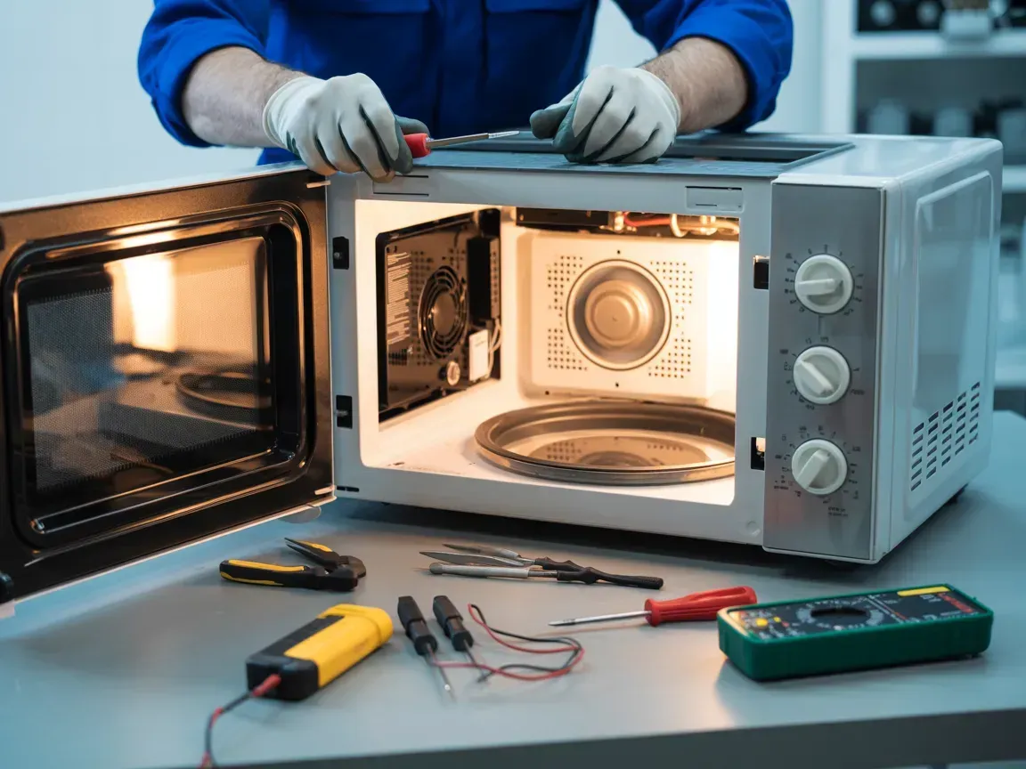 Person repairing a microwave oven with tools on a workbench, door open and light on inside