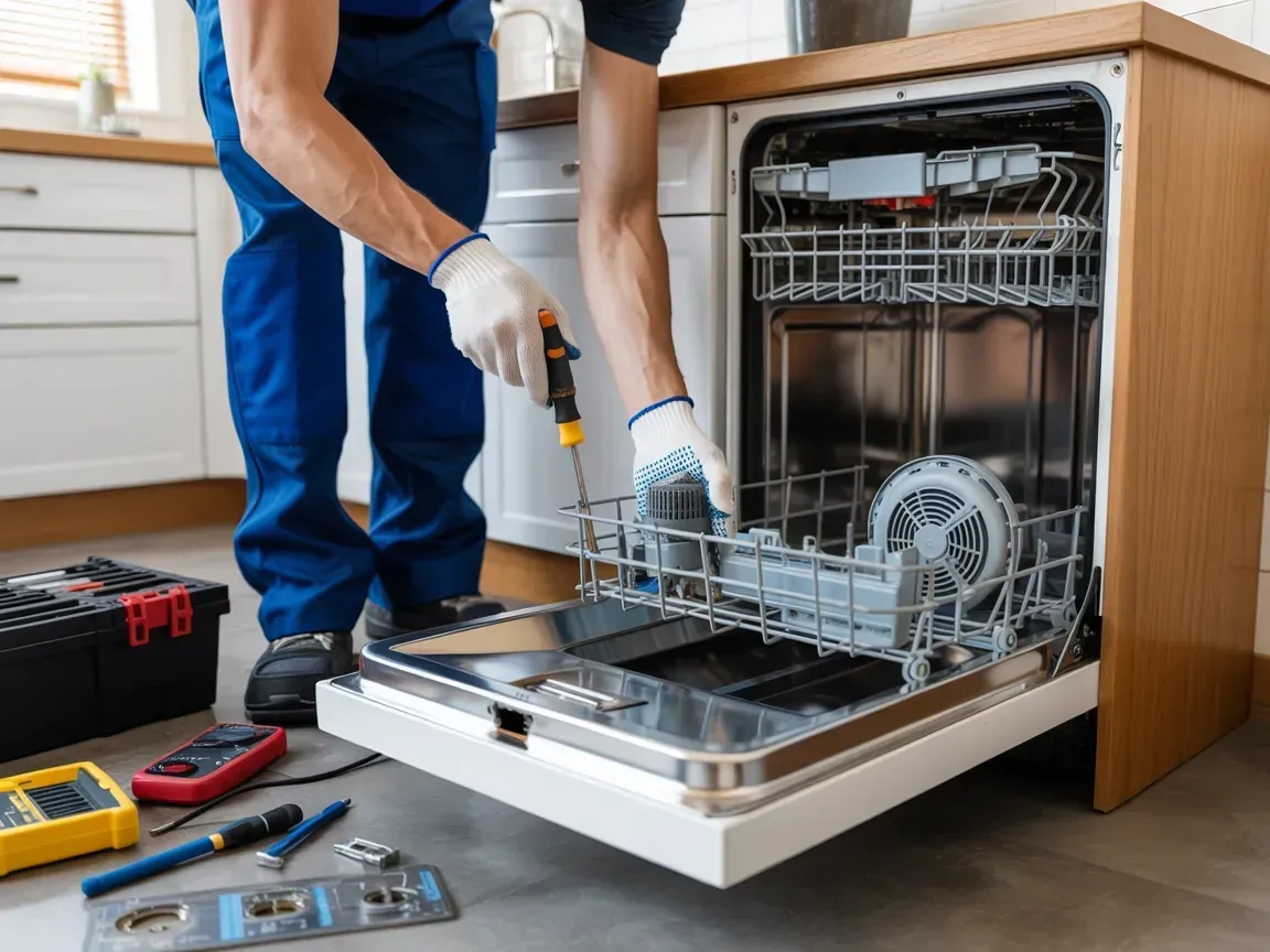 Technician repairing a dishwasher in a kitchen, with tools on the floor