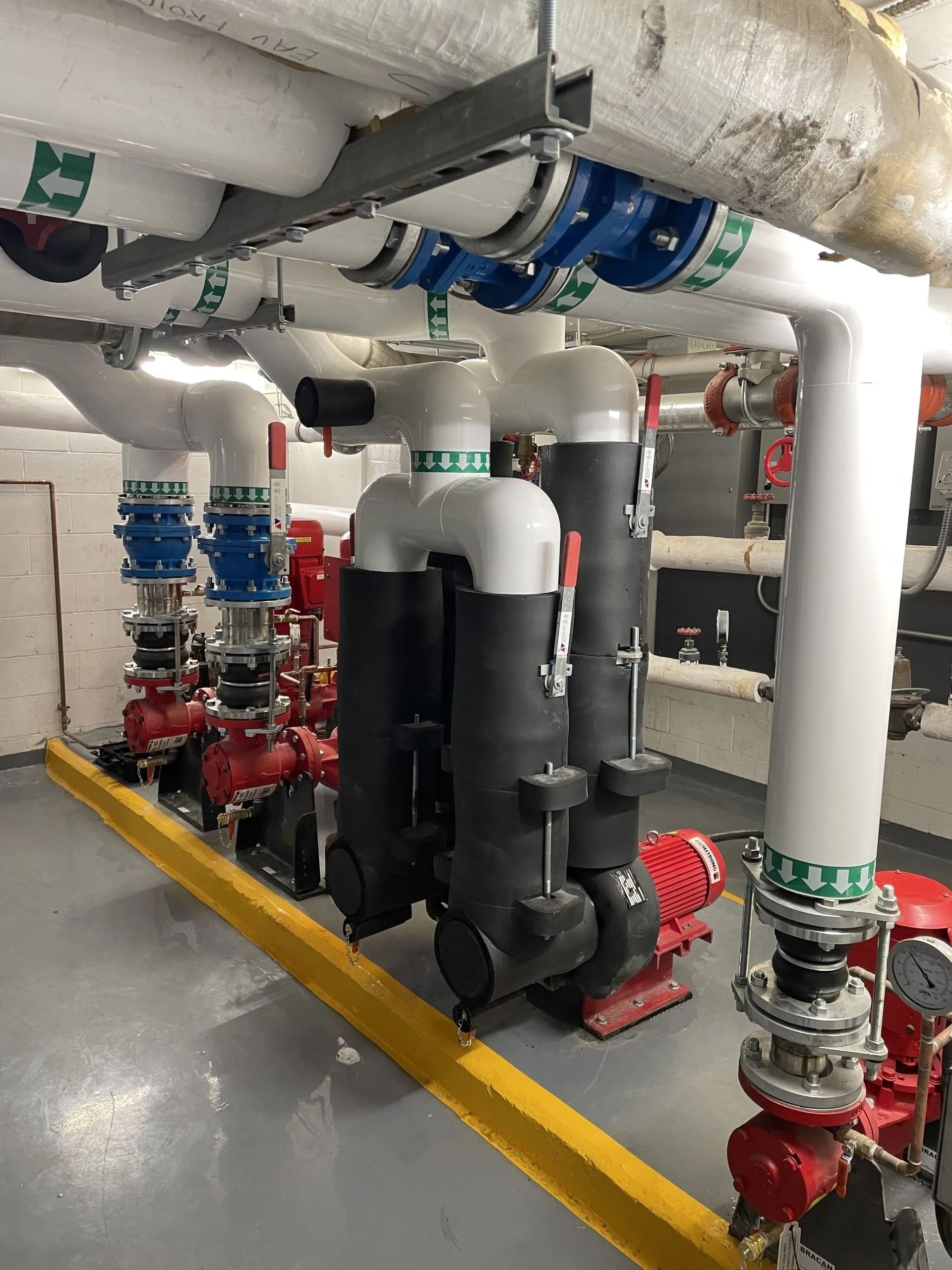 Industrial plumbing and pumps with red and blue valves in a mechanical room