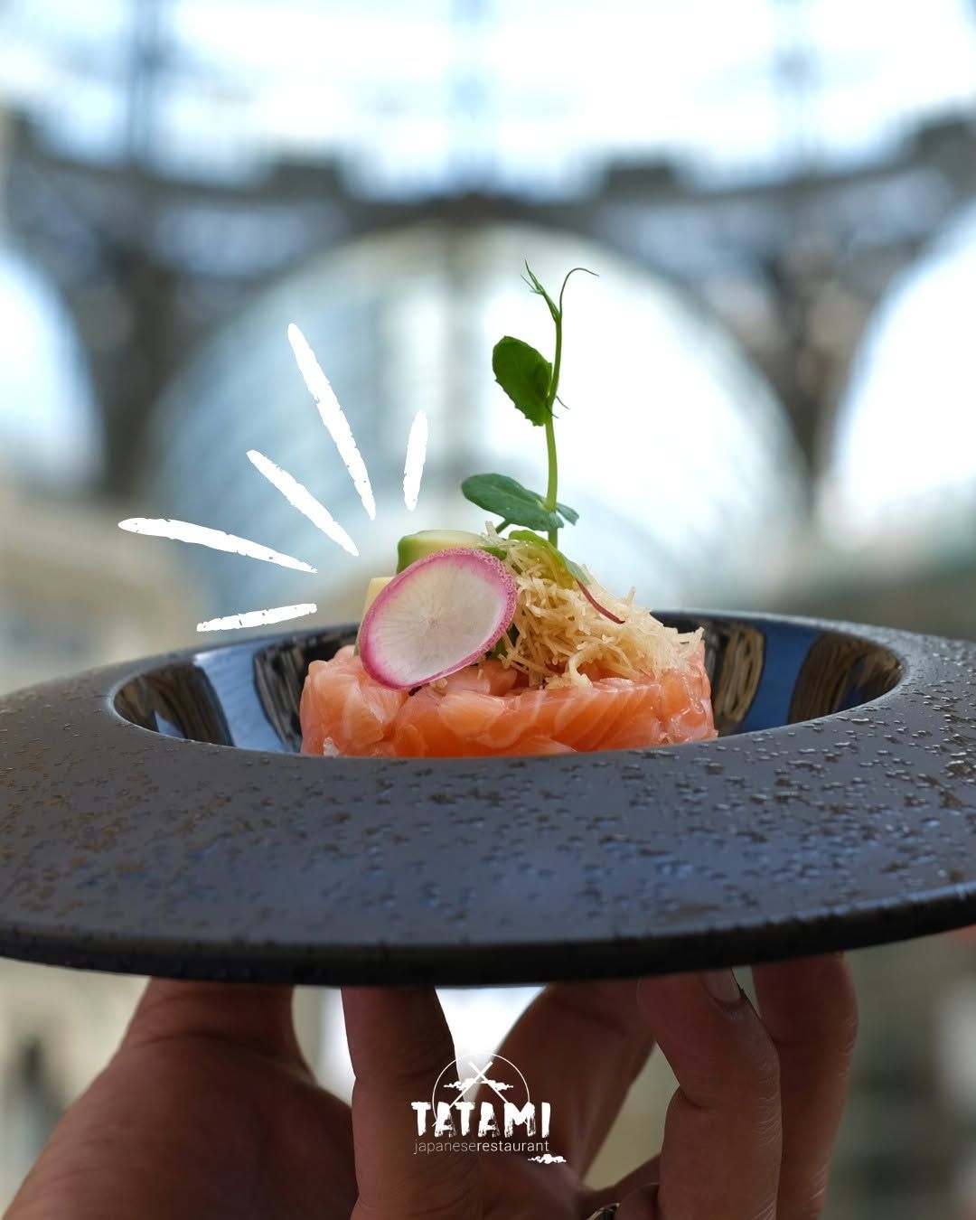 Antipasto di salmone impiattato in una ciotola nera, guarnito con ravanelli ed erbe aromatiche, tenuto davanti a un ponte sullo sfondo sfocato