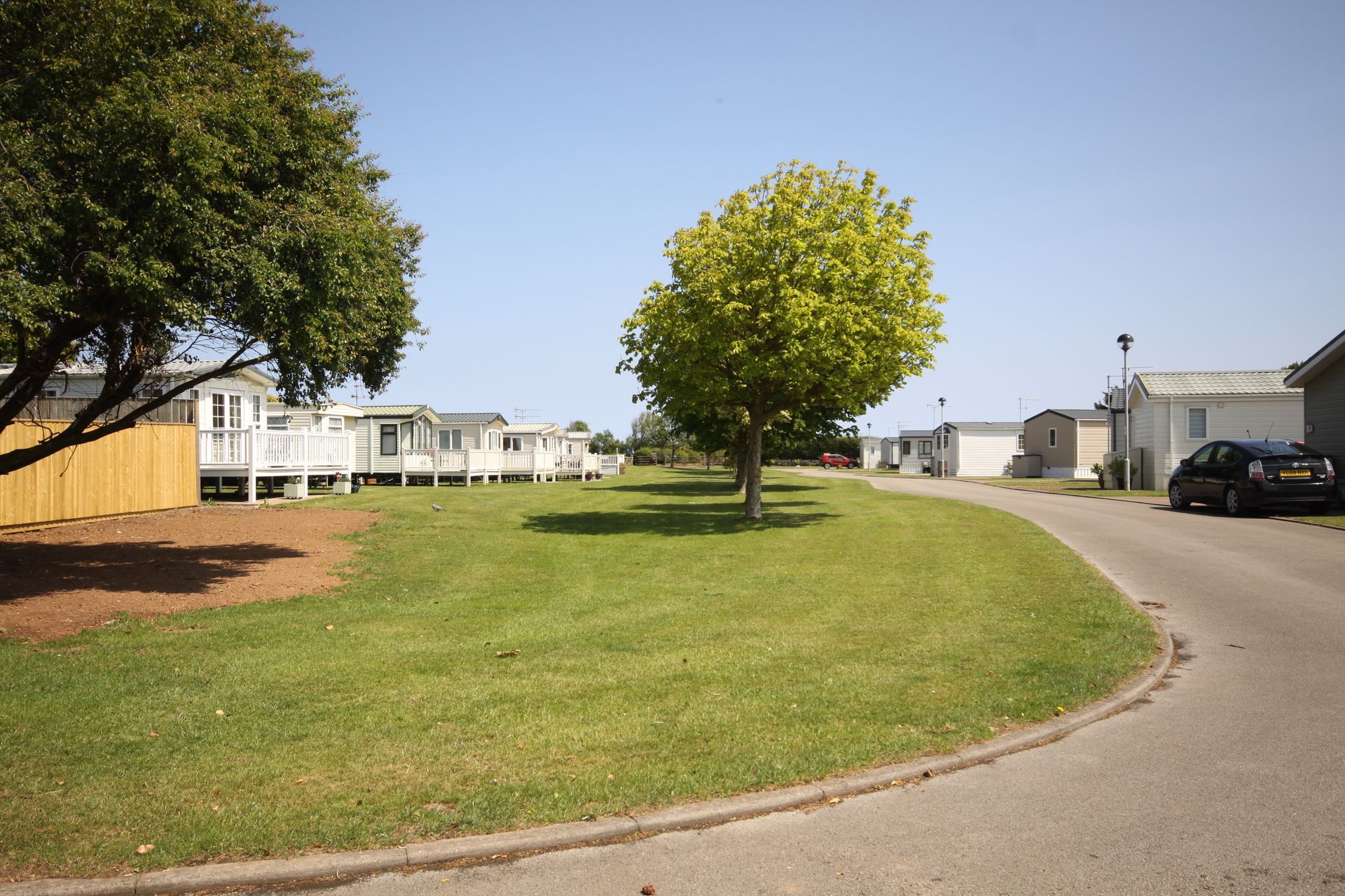 Grassy area with trees and parked caravans under a blue sky.