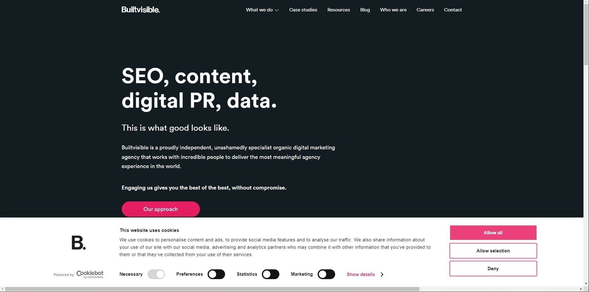 A screenshot of a website that says seo , content , digital pr , data.