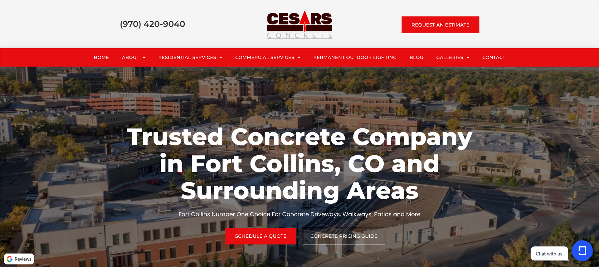 Cesars Concrete Fort Collins, CO service page with an aerial view of the city, promoting trusted concrete solutions in the area.