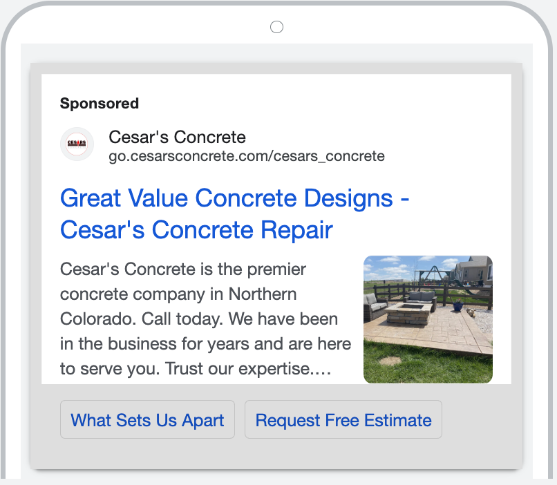 A sponsored ad for cesar 's concrete repair on a tablet